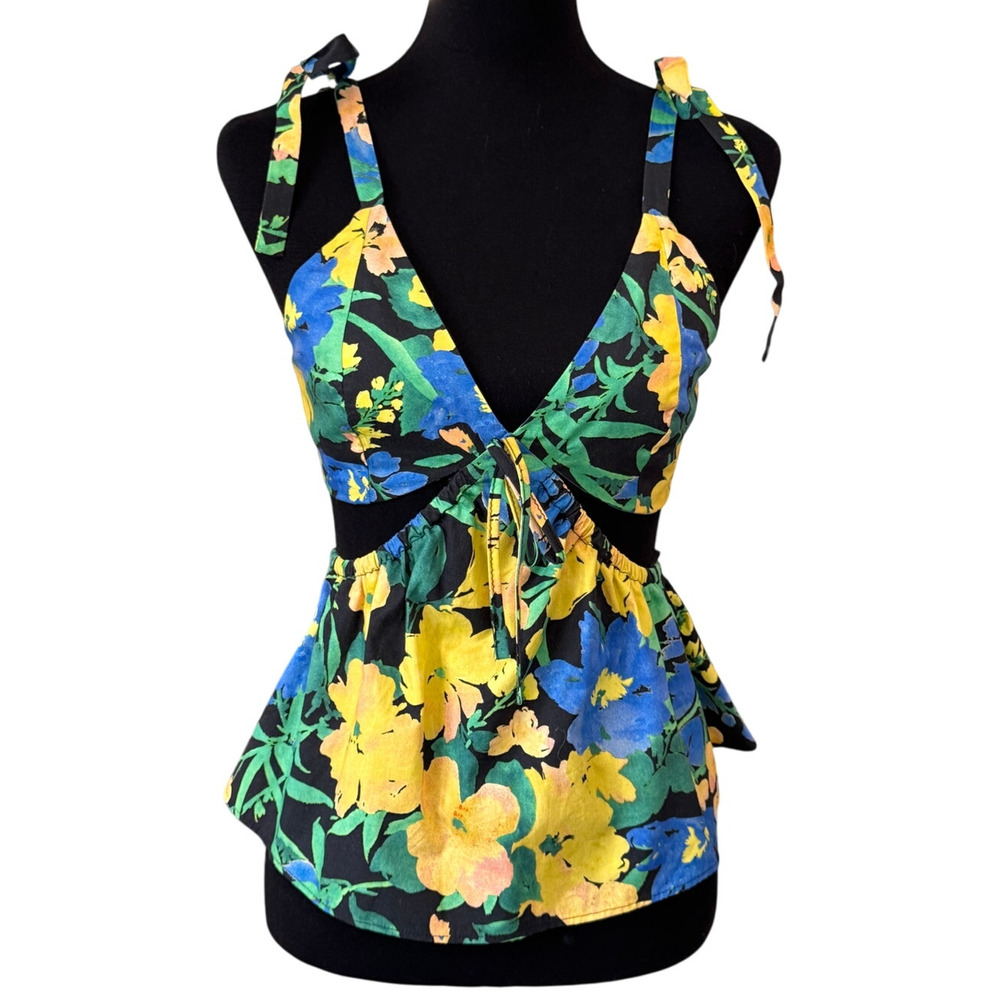 New TOPSHOP NORDSTROM Multicolor Floral Cutout Peplum Camisole 100% Cotton 10
